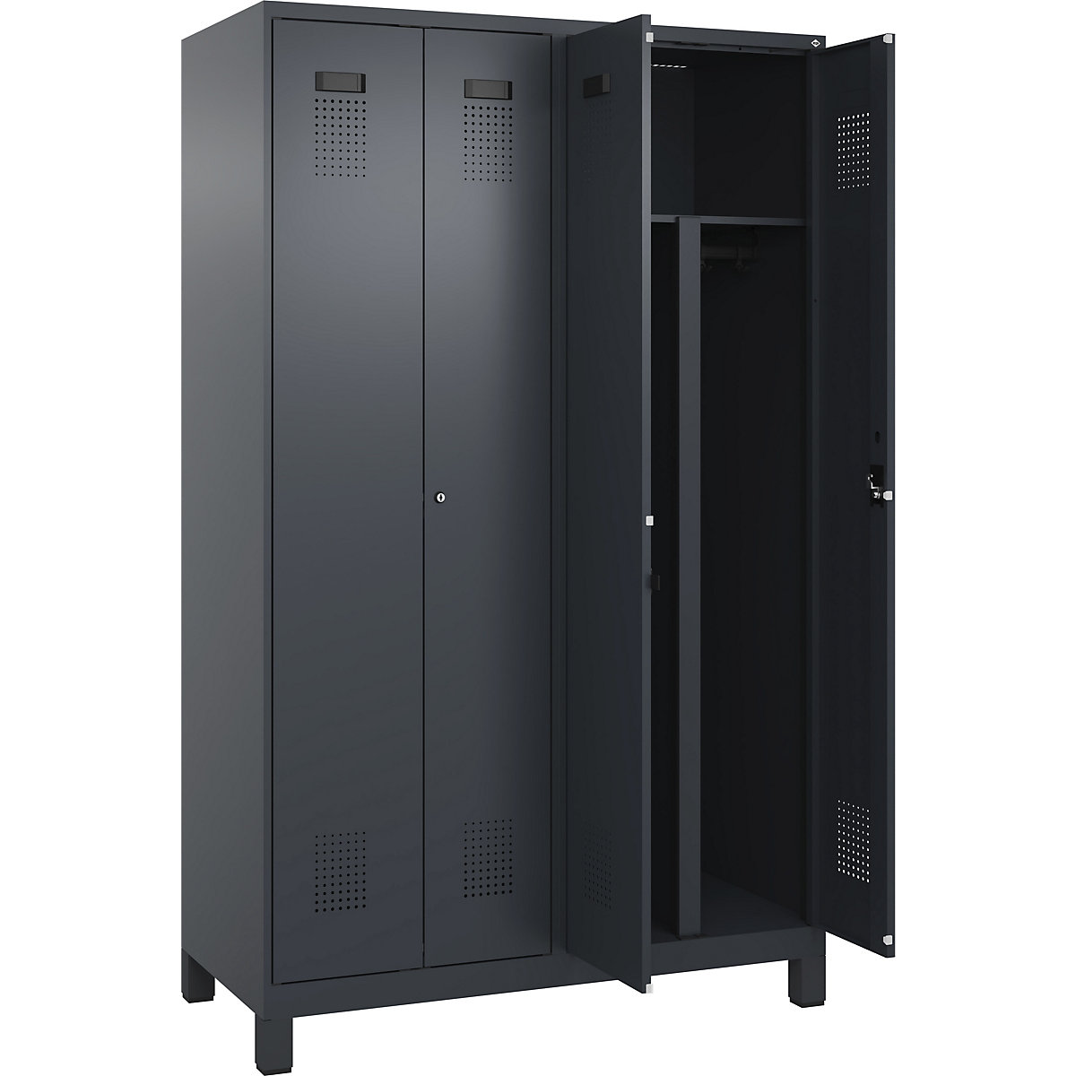 Vestiar pentru haine curate și murdare Evolo PLUS, 2 module, perete despărțitor scurtat, gri, lăț. 1200 mm, cu picioare late, încuietoare cilindrică-0