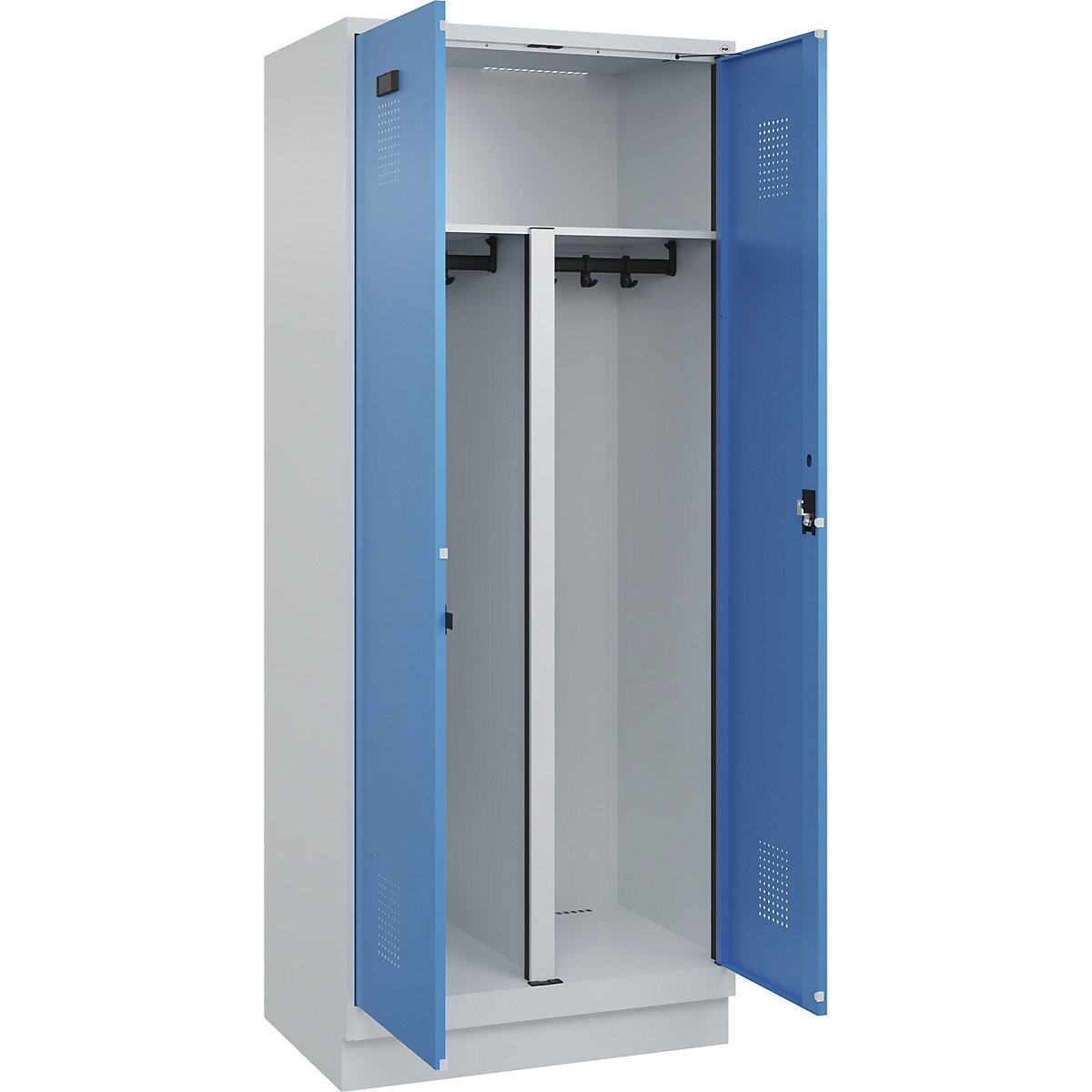Vestiar pentru haine curate și murdare Evolo PLUS, 1 modul, perete despărțitor scurtat, gri deschis / albastru deschis, lăț. 800 mm, cu soclu, încuietoare cilindrică-0