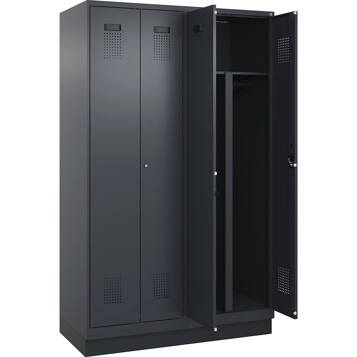 Vestiar pentru haine curate și murdare Evolo PLUS, 2 module, perete despărțitor scurtat, gri, lăț. 1200 mm, cu soclu, încuietoare cilindrică-0