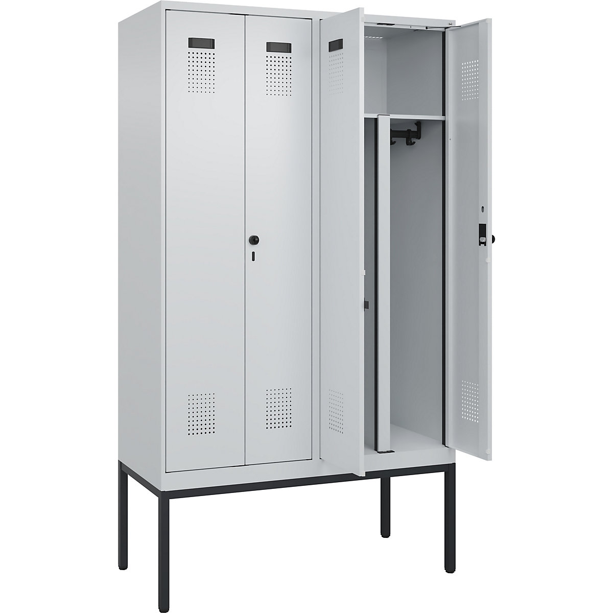 Vestiar pentru haine curate și murdare Evolo PLUS, 2 module, perete despărțitor scurtat, gri deschis, lăț. 1200 mm, cu picioare înguste, zăvor rotativ de siguranță-0