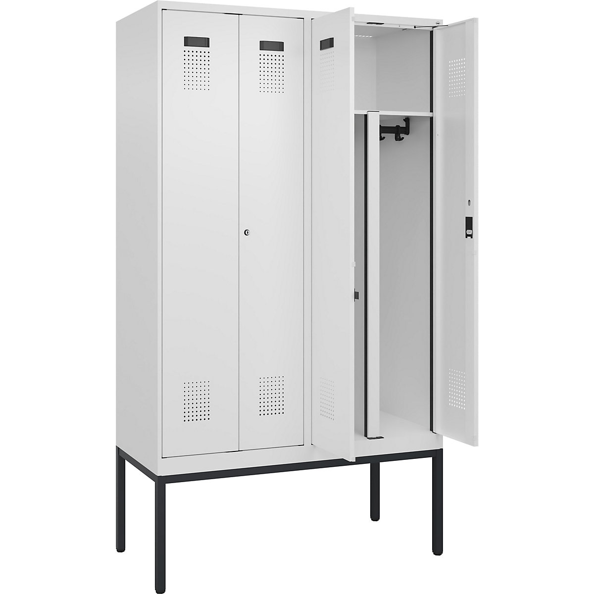 Vestiar pentru haine curate și murdare Evolo PLUS, 2 module, perete despărțitor scurtat, alb, lăț. 1200 mm, cu picioare înguste, încuietoare cilindrică-0