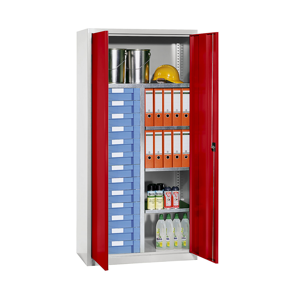 Dulap de materiale și dulap cu sertare – eurokraft pro, 4 polițe, 13 sertare, gri deschis RAL 7035 / roșu trafic RAL 3020-0