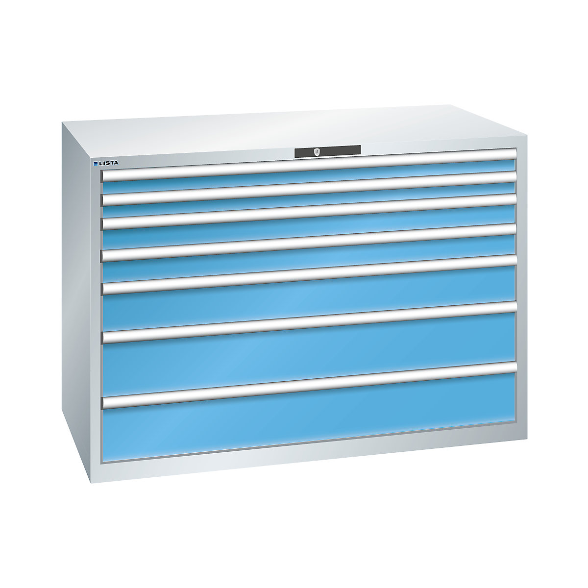 Dulap cu sertare, 7 sertare – LISTA, lăț. x ad. x î. 1431 x 725 x 1000 mm, gri deschis / albastru deschis-0