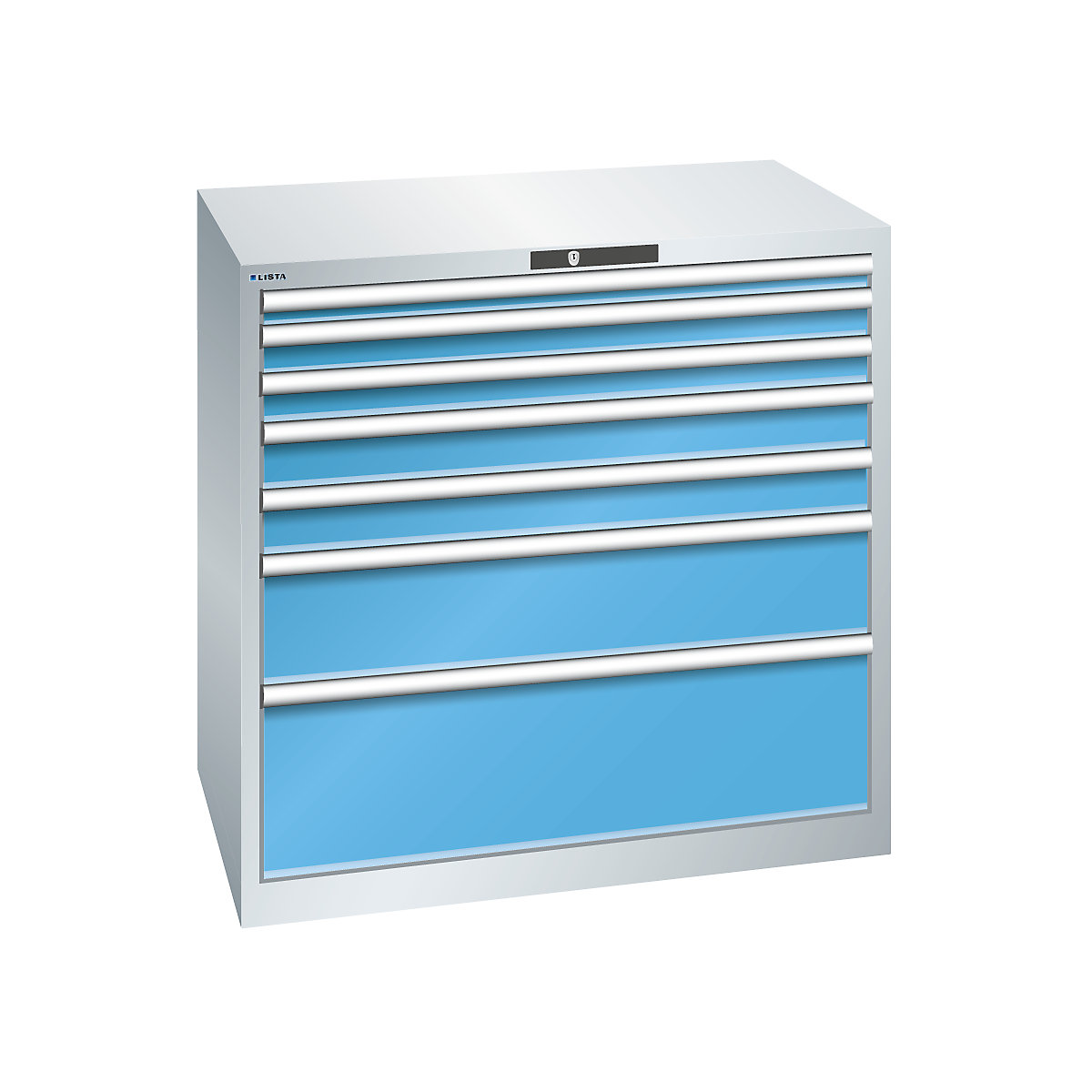 Dulap cu sertare, 7 sertare – LISTA, lăț. x ad. x î. 1023 x 725 x 1000 mm, gri deschis / albastru deschis-0