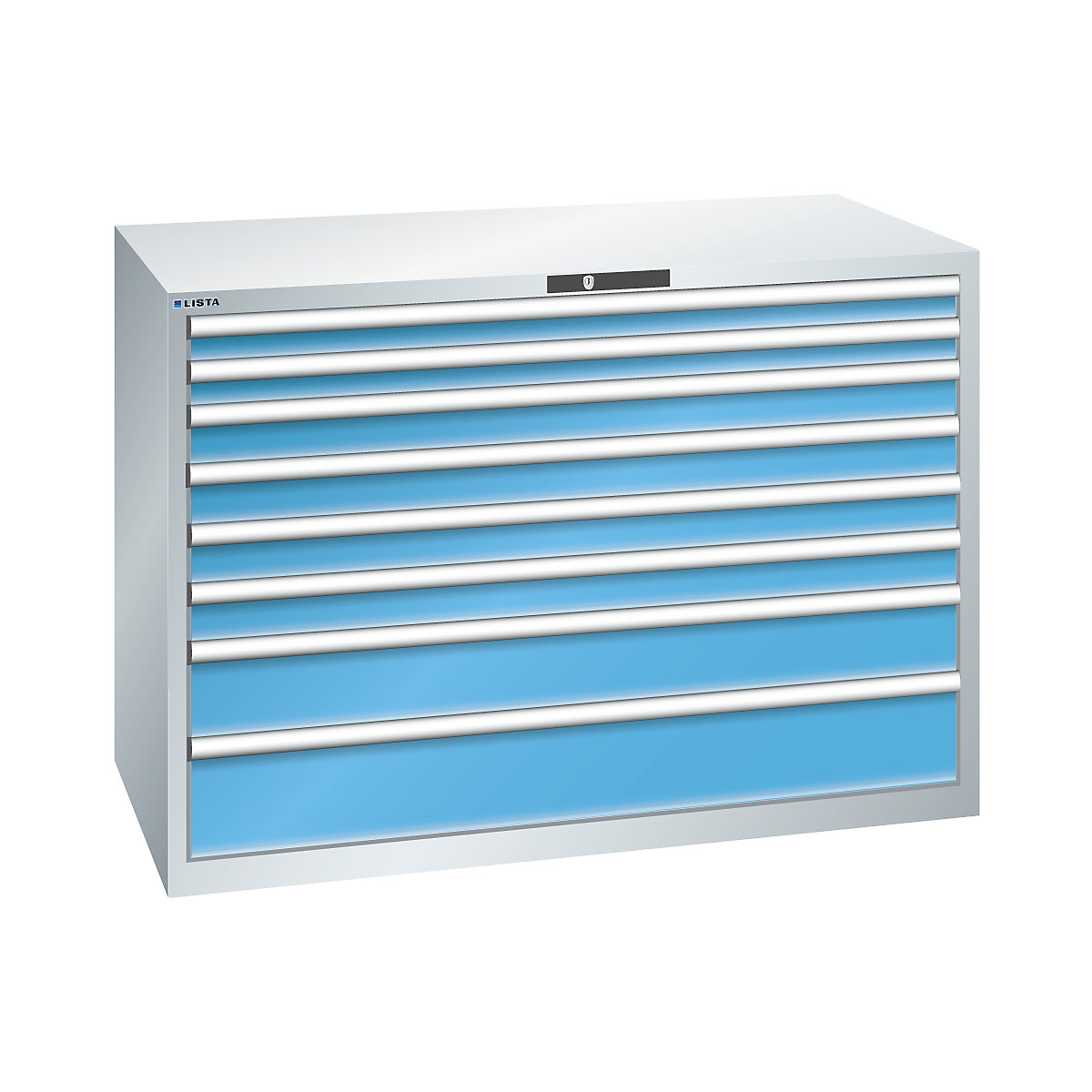 Dulap cu sertare, 8 sertare – LISTA, lăț. x ad. x î. 1431 x 725 x 1000 mm, gri deschis / albastru deschis-0