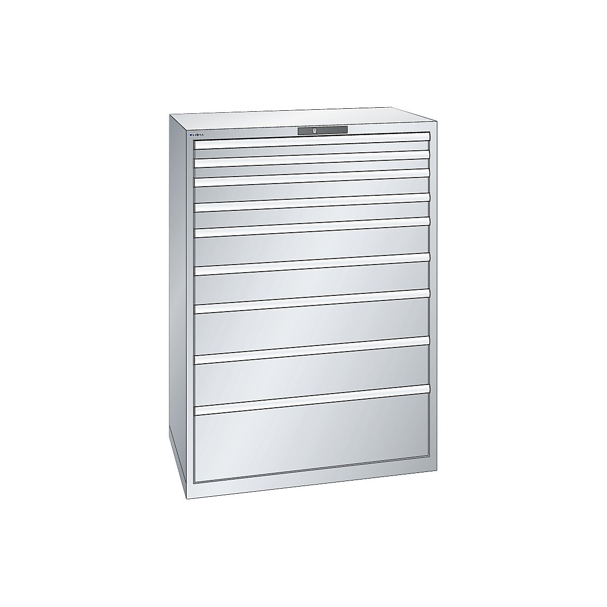 Dulap cu sertare, tablă de oțel – LISTA, î. x lăț. 1450 x 1023 mm, 9 sertare, capacitate portantă 200 kg, gri deschis-1