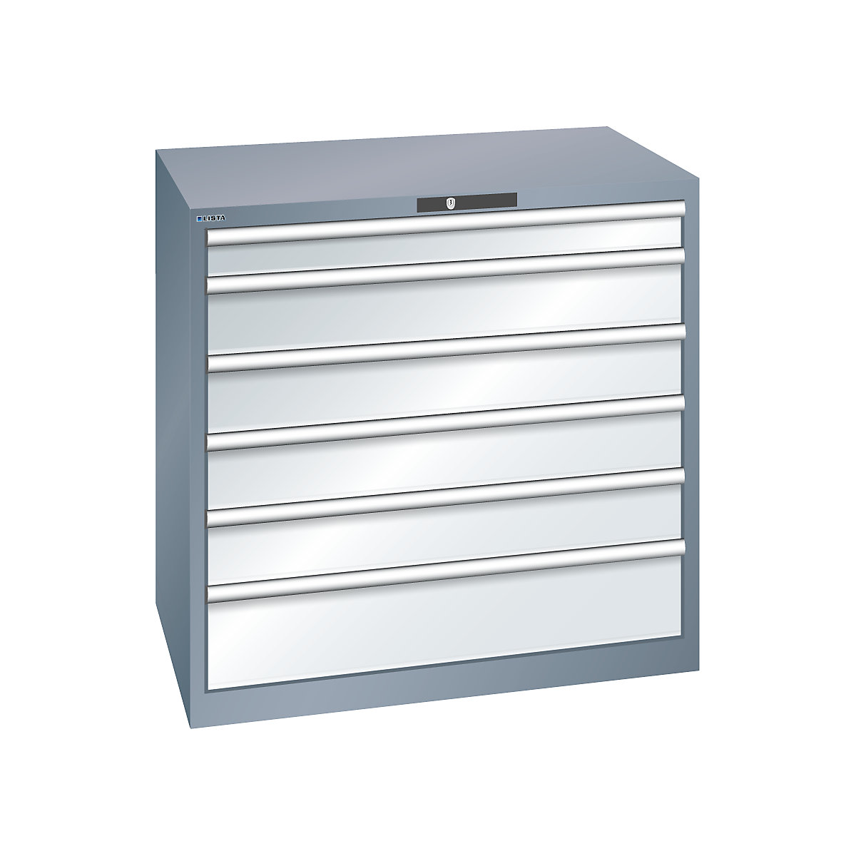 Dulap cu sertare, tablă de oțel – LISTA, î. x lăț. 1000 x 1023 mm, 6 sertare, capacitate portantă 200 kg, gri metalizat / gri deschis-0