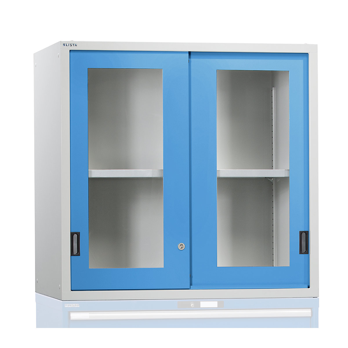 Dulap suprapus cu uși glisante – LISTA, uși cu geamuri transparente, î. x lăț. x ad. 1000 x 1431 x 725 mm, albastru deschis-0