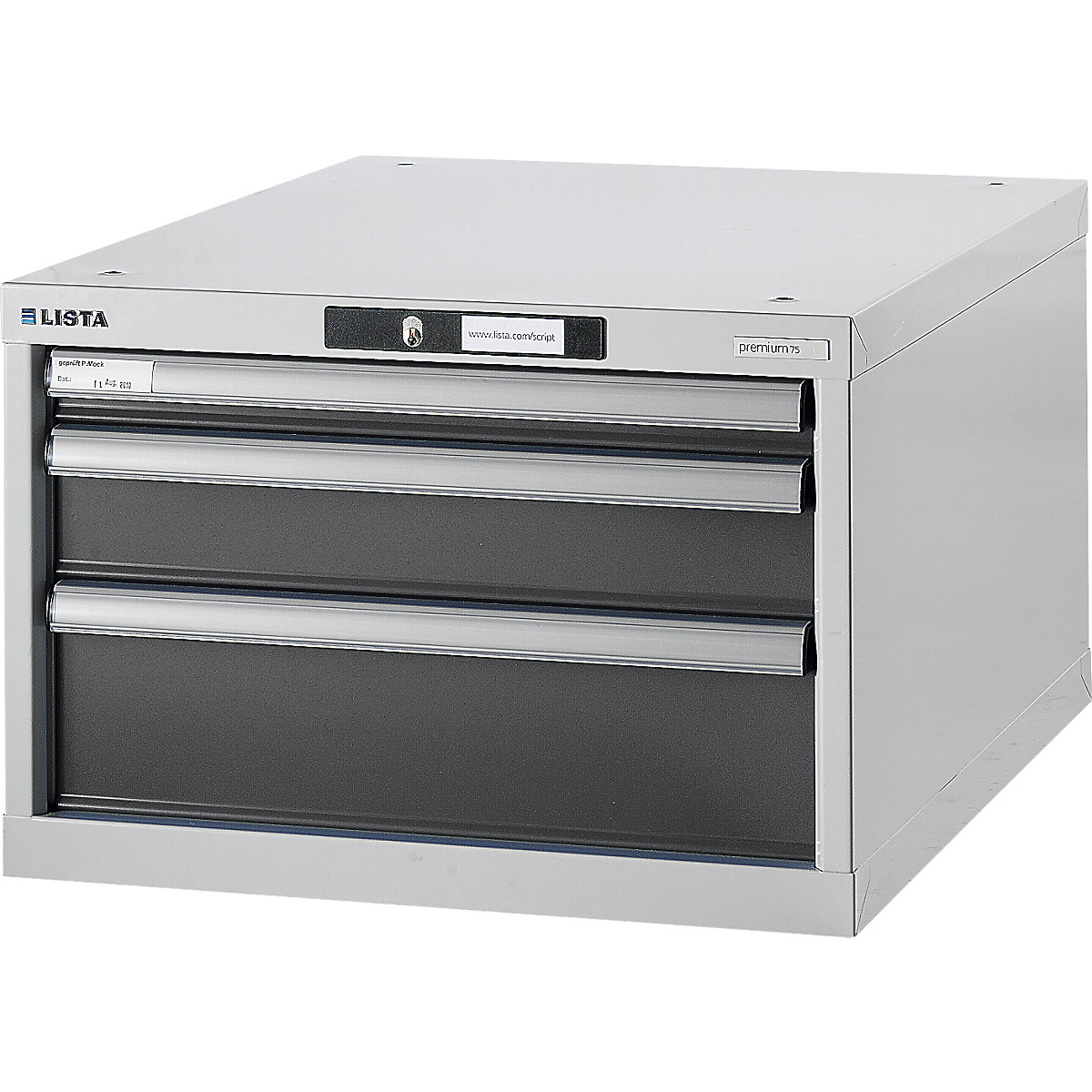 Sistem modular pentru banc de lucru, dulap inferior – LISTA, înălțime 383 mm, 3 sertare, gri metalizat-0