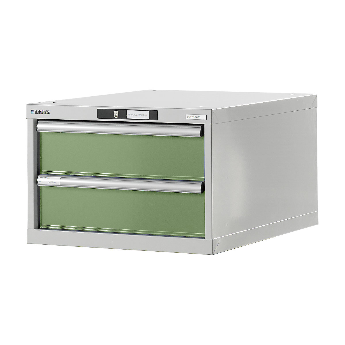 Sistem modular pentru banc de lucru, dulap inferior – LISTA, înălțime 383 mm, 2 sertare, verde reseda-0