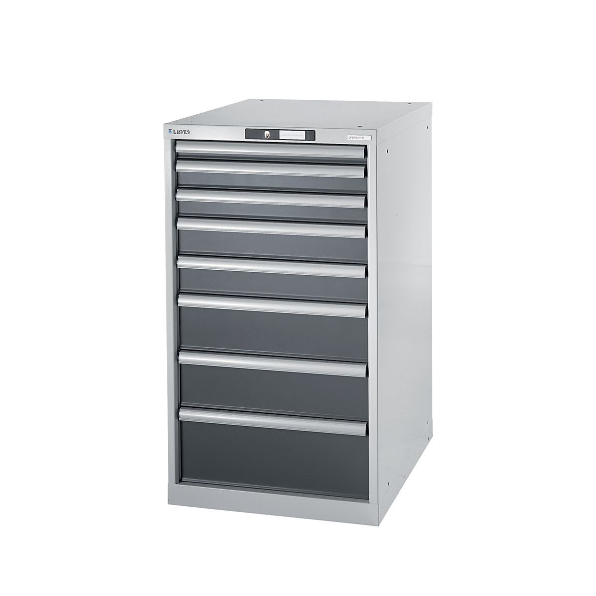 Sistem modular pentru banc de lucru, dulap inferior – LISTA, înălțime 1000 mm, 8 sertare, gri metalizat-0