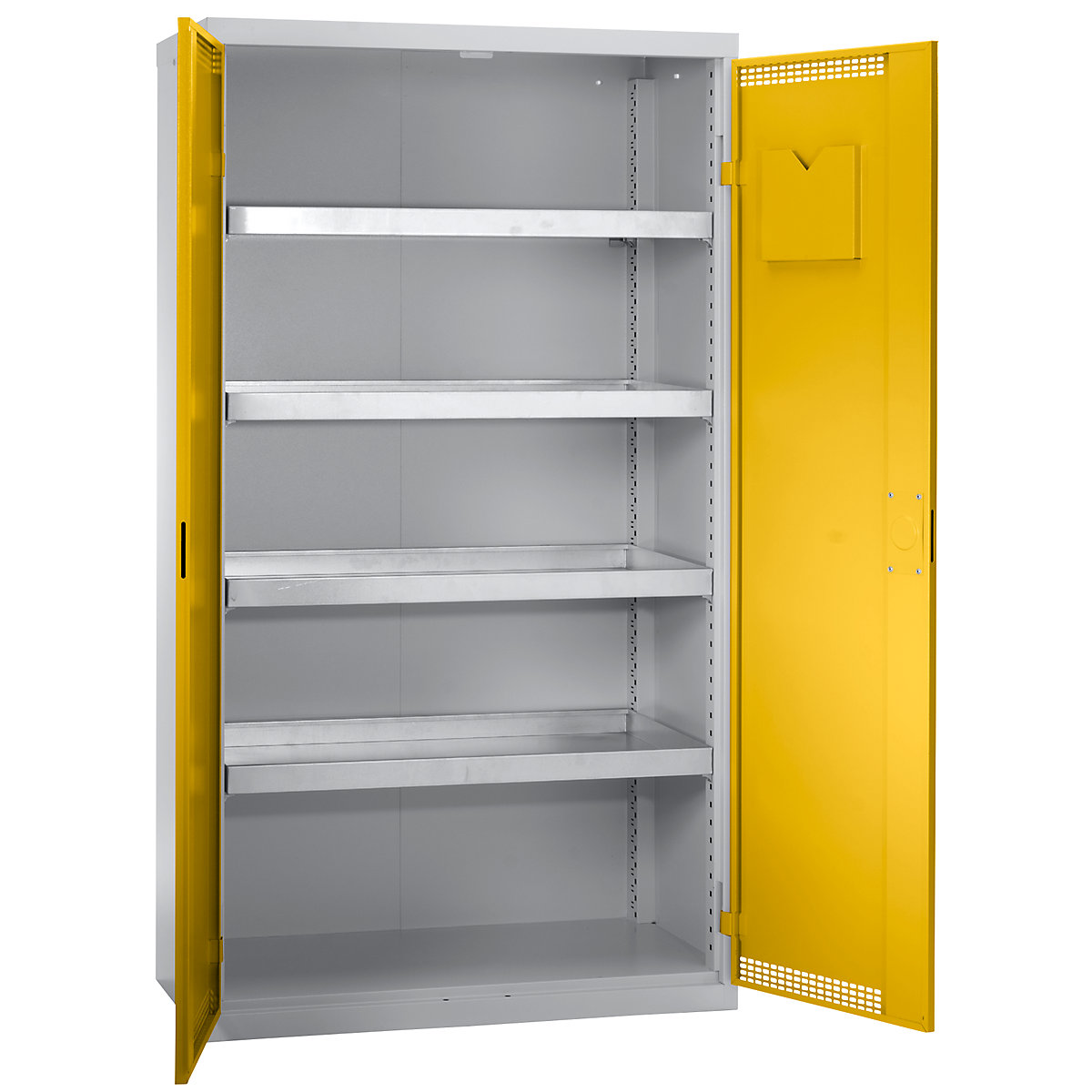 Dulap ecologic cu uși perforate, î. x lăț. x ad. 1800 x 1000 x 500 mm, 4 polițe cu vană, gri deschis / galben semnal-0