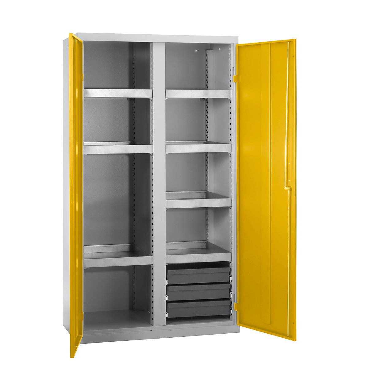 Dulap ecologic fără uși perforate, î. x lăț. x ad. 1800 x 1000 x 500 mm, 7 polițe cu vană, gri deschis / galben semnal-0