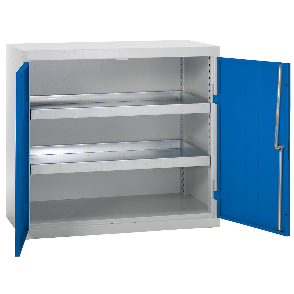 Dulap ecologic fără uși perforate, î. x lăț. x ad. 900 x 1000 x 500 mm, 2 polițe cu vană, gri deschis / albastru gențiană-0