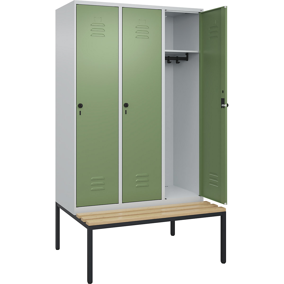 Vestiar Classic PLUS cu bancă – C+P, 3 module, gri deschis / verde reseda, lăț. 1200 mm, zăvor rotativ de siguranță, pe podea, lemn dur de fag-0
