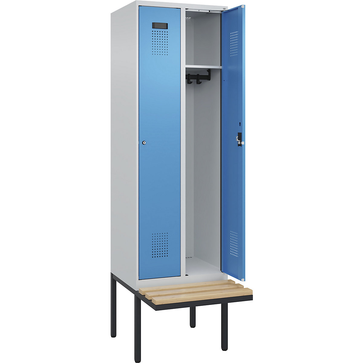 Vestiar Evolo PLUS cu bancă, 2 module, gri deschis / albastru deschis, lăț. 600 mm, încuietoare cilindrică, cu banchetă în consolă, fag-0