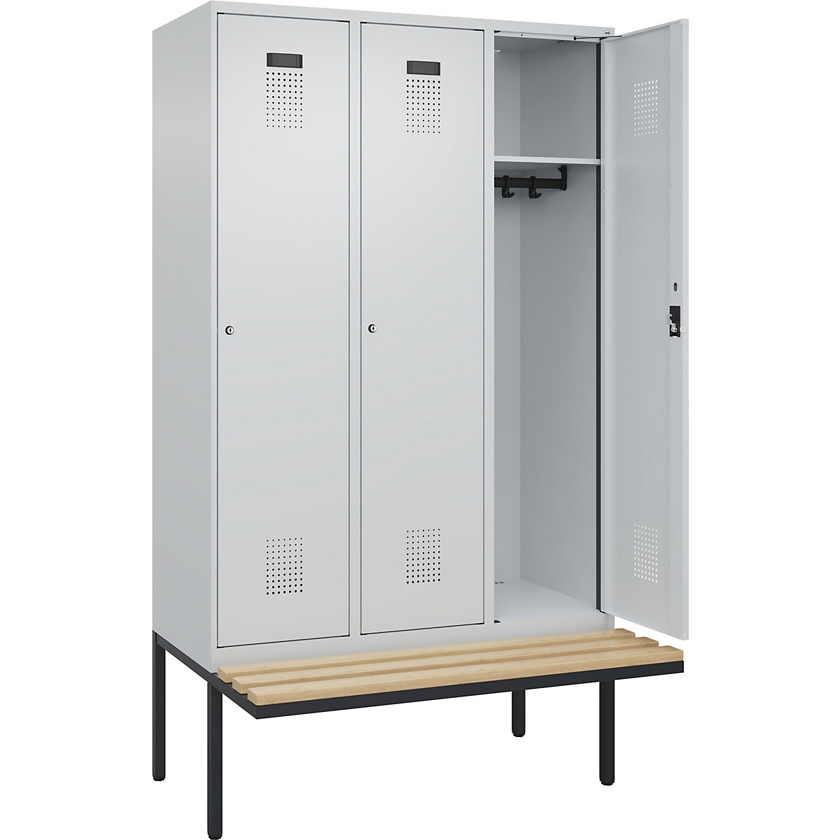 Vestiar Evolo PLUS cu bancă, 3 module, gri deschis / gri deschis, lăț. 1200 mm, încuietoare cilindrică, cu banchetă în consolă, fag-0