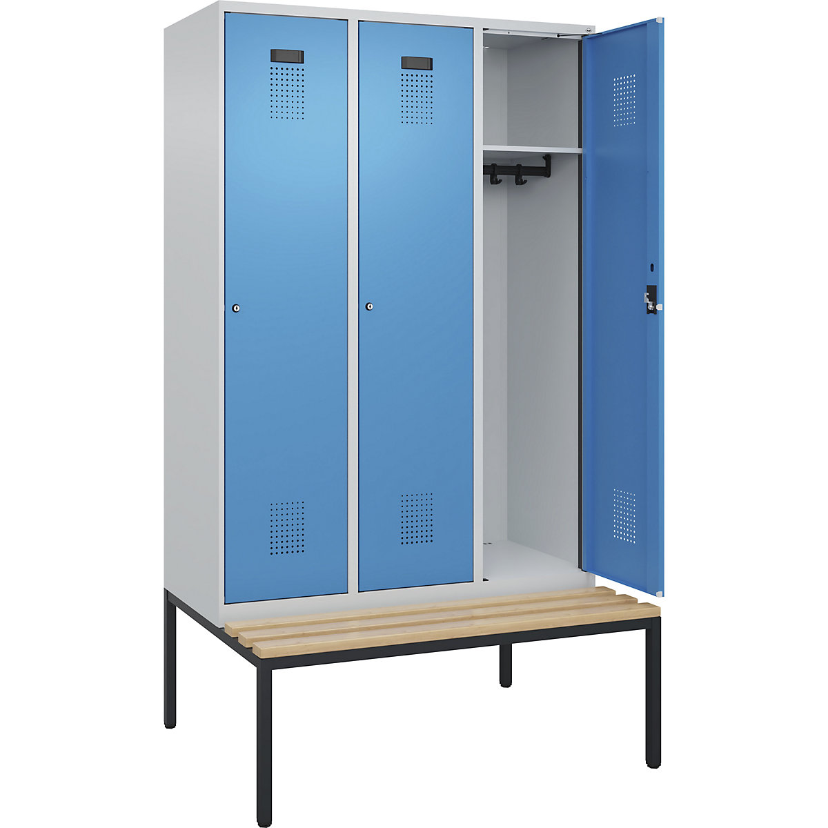 Vestiar Evolo PLUS cu bancă, 3 module, gri deschis / albastru deschis, lăț. 1200 mm, încuietoare cilindrică, cu banchetă amplasată pe podea, fag-0