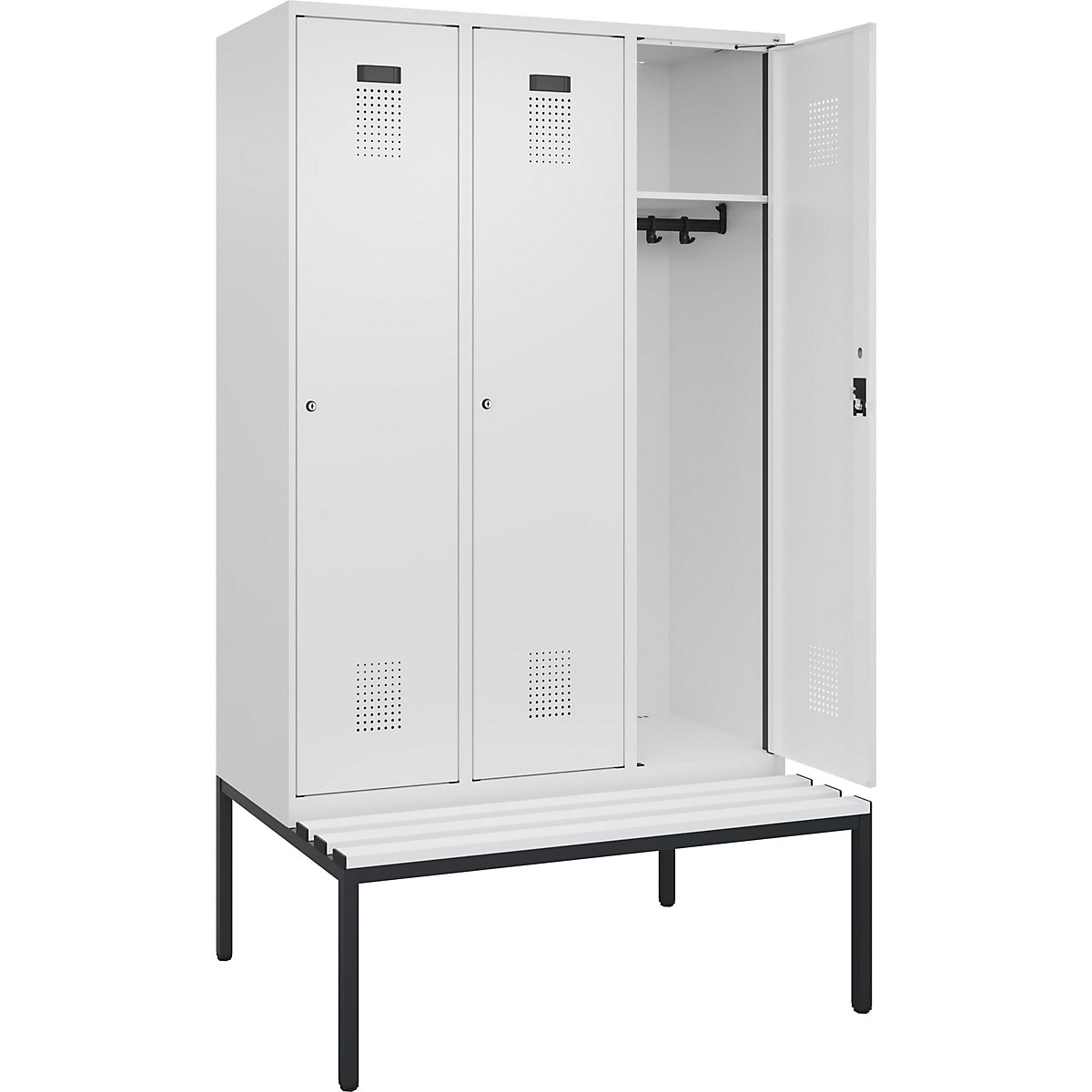 Vestiar Evolo PLUS cu bancă, 3 module, alb, lăț. 1200 mm, încuietoare cilindrică, cu banchetă amplasată pe podea, plastic-0