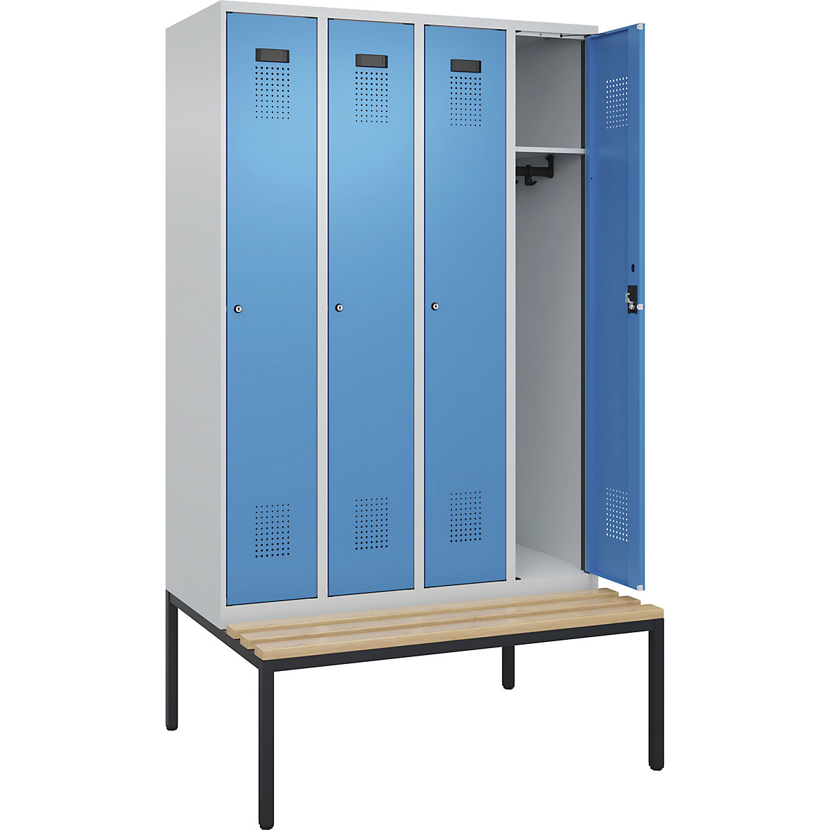 Vestiar Evolo PLUS cu bancă, 4 module, gri deschis / albastru deschis, lăț. 1200 mm, încuietoare cilindrică, cu banchetă amplasată pe podea, fag-0