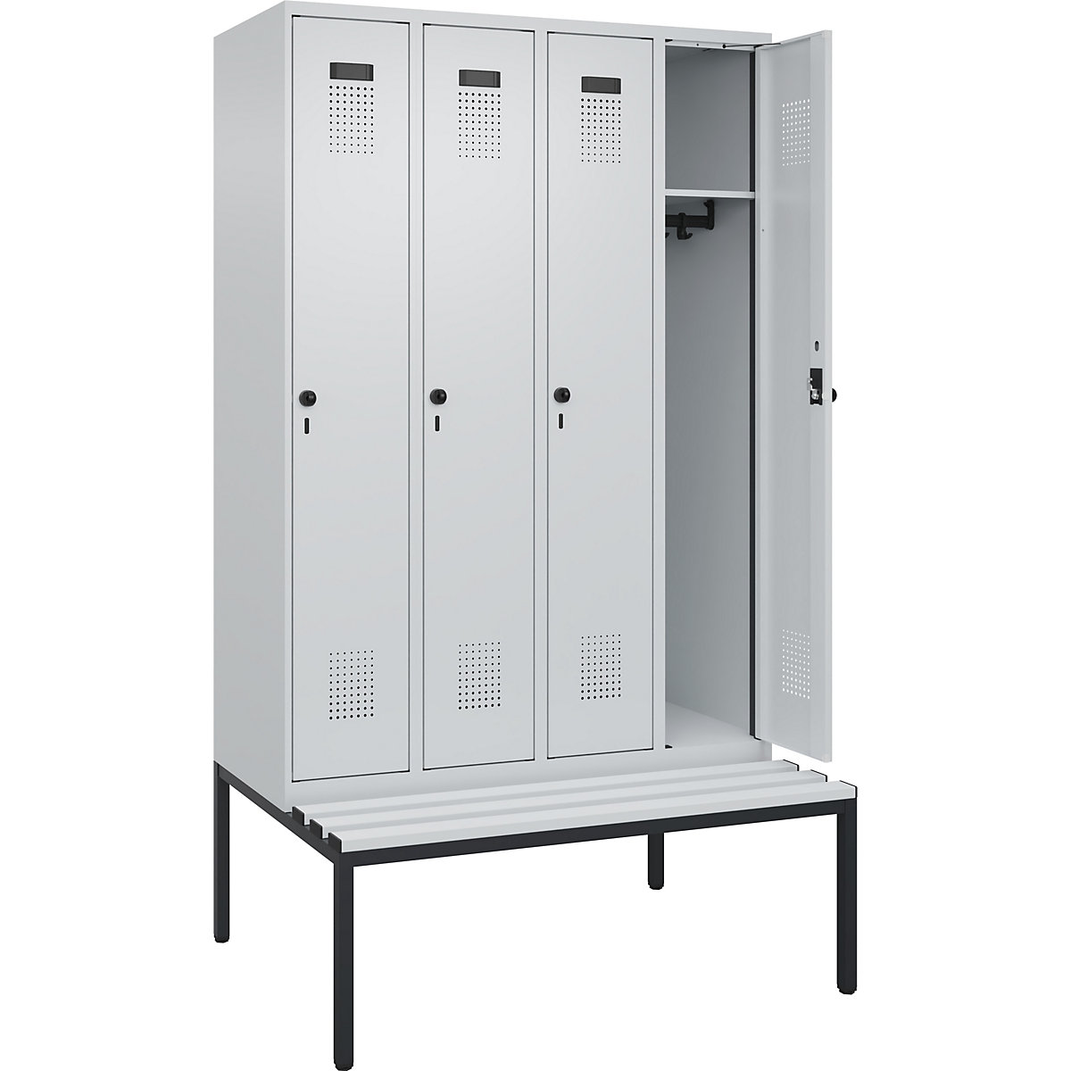 Vestiar Evolo PLUS cu bancă, 4 module, gri deschis / gri deschis, lăț. 1200 mm, zăvor rotativ de siguranță, cu banchetă amplasată pe podea, plastic-0