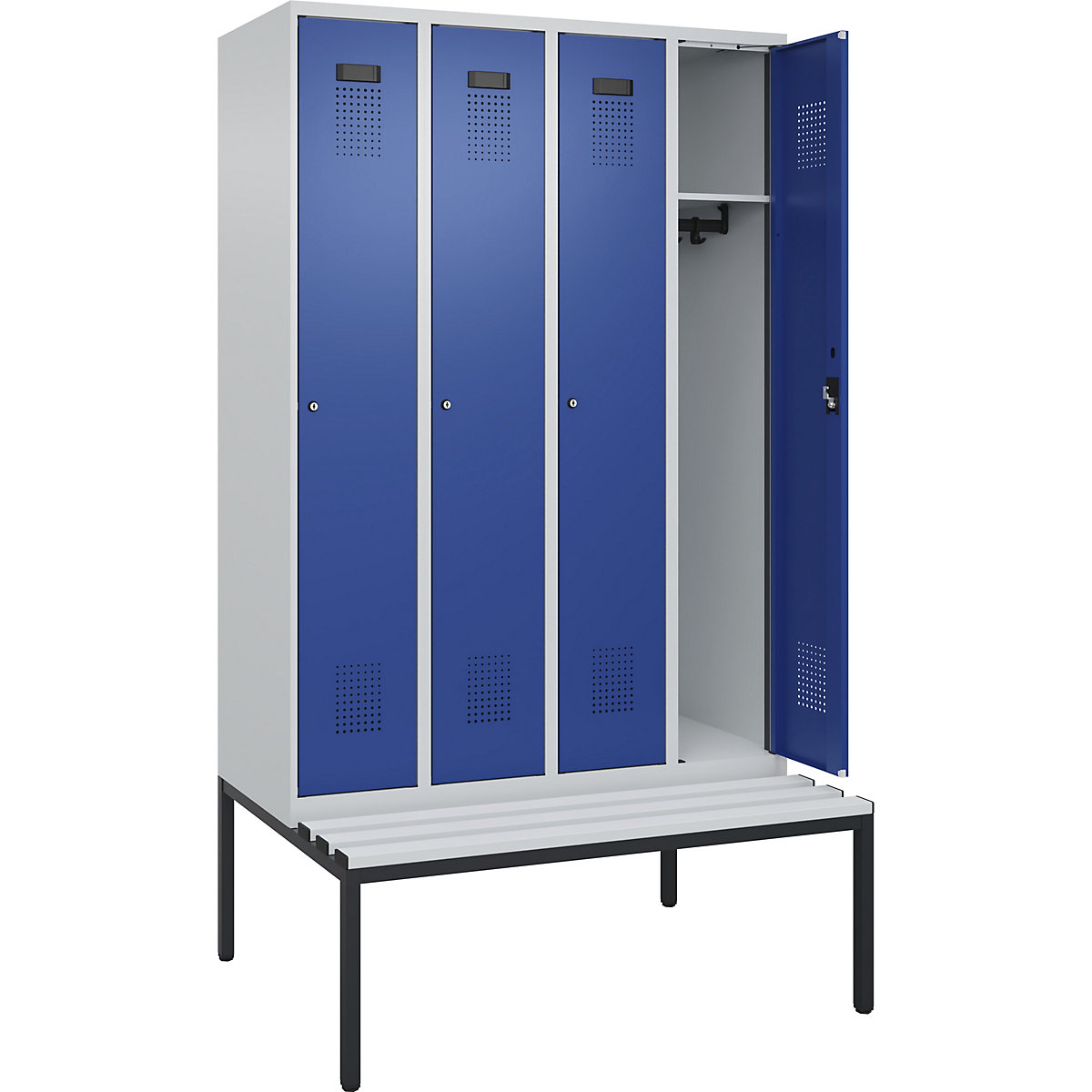 Vestiar Evolo PLUS cu bancă, 4 module, gri deschis / albastru gențiană, lăț. 1200 mm, încuietoare cilindrică, cu banchetă amplasată pe podea, plastic-0