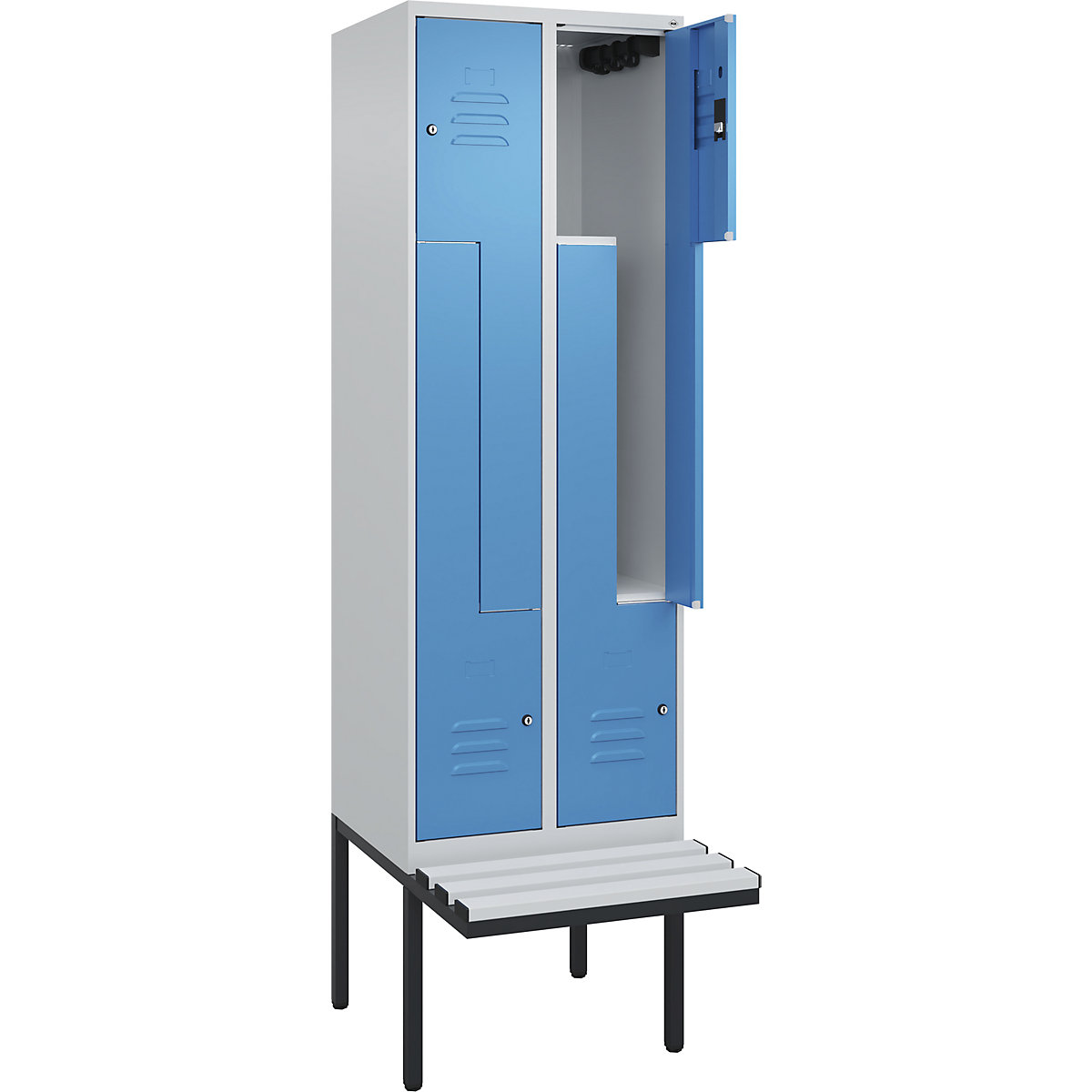Vestiar Z Classic PLUS cu bancă – C+P, 2 module, gri deschis / albastru deschis, lăț. 600 mm, încuietoare cilindrică, în consolă, plastic-0
