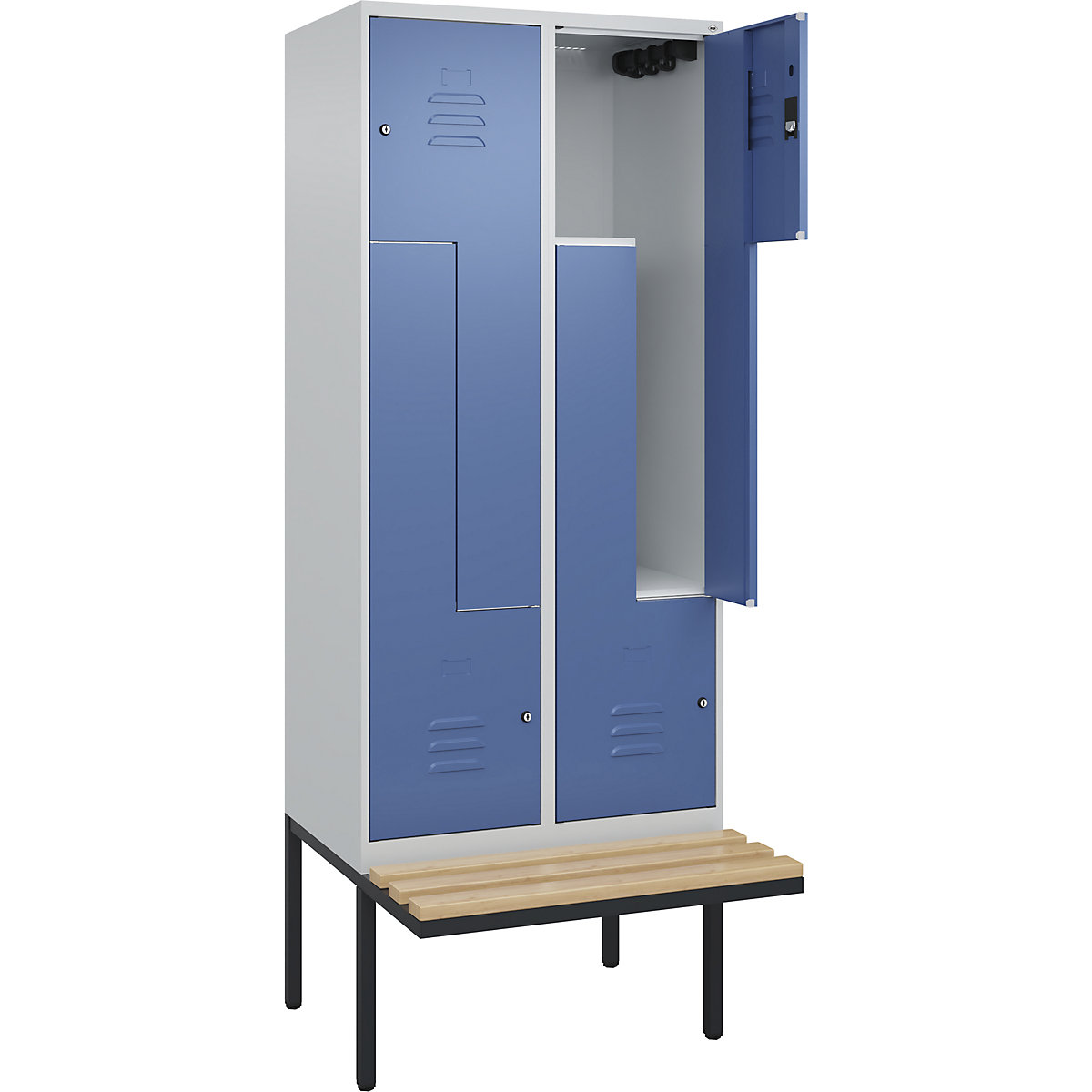 Vestiar Z Classic PLUS cu bancă – C+P, 2 module, gri deschis / albastru distant, lăț. 800 mm, încuietoare cilindrică, în consolă, lemn dur de fag-0