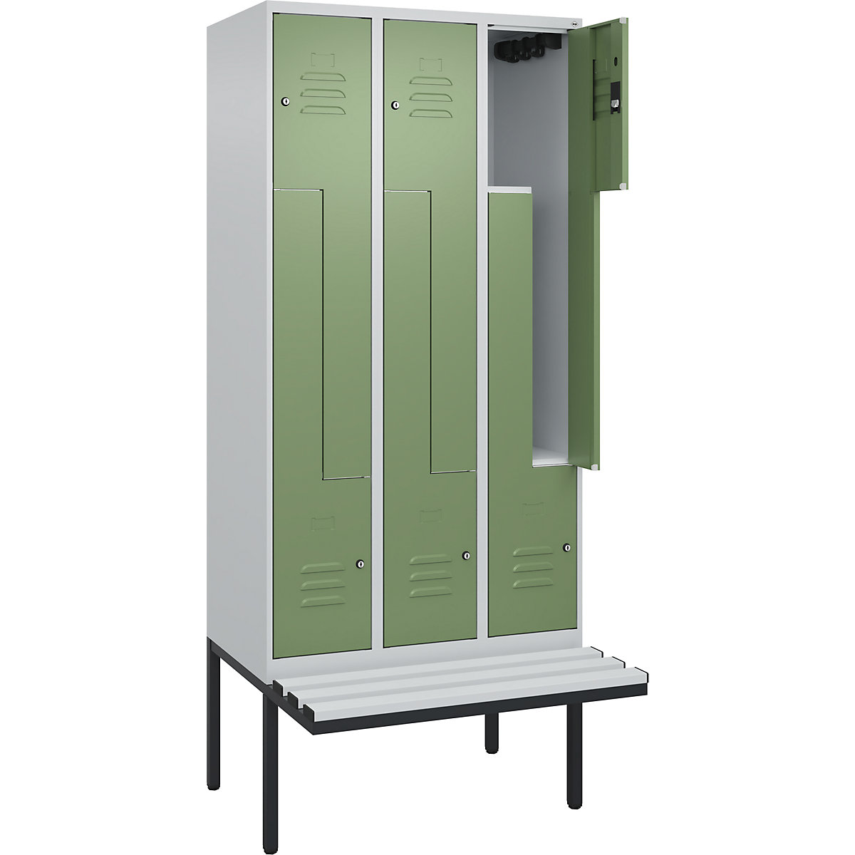 Vestiar Z Classic PLUS cu bancă – C+P, 3 module, gri deschis / verde reseda, lăț. 900 mm, încuietoare cilindrică, în consolă, plastic-0
