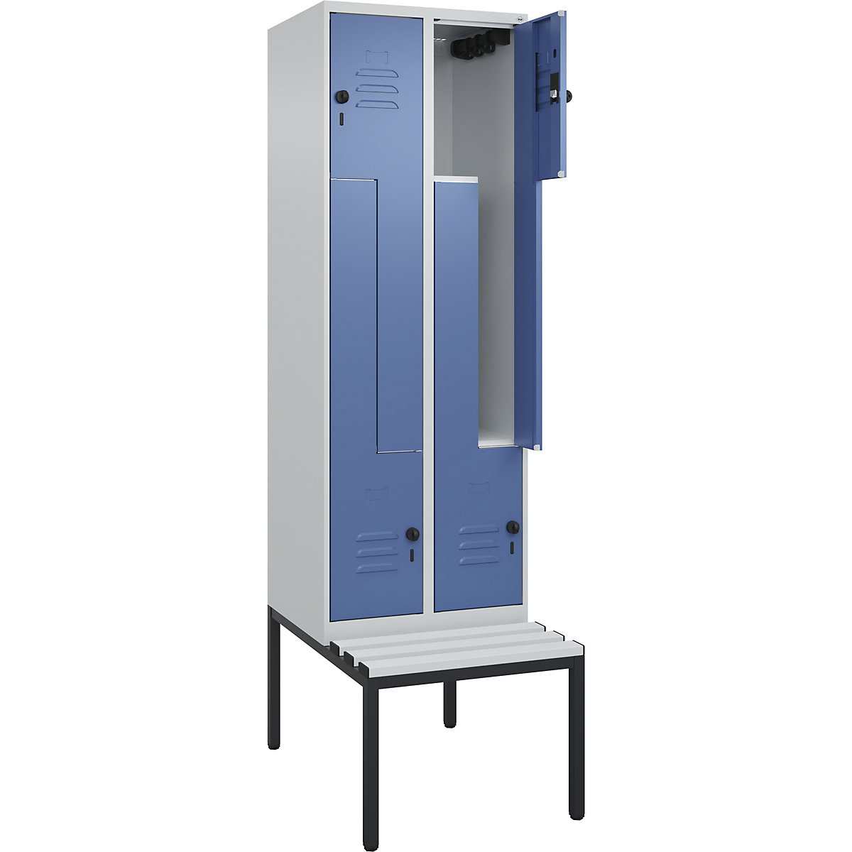 Vestiar Z Classic PLUS cu bancă – C+P, 2 module, gri deschis / albastru distant, lăț. 600 mm, zăvor rotativ de siguranță, pe podea, plastic-0