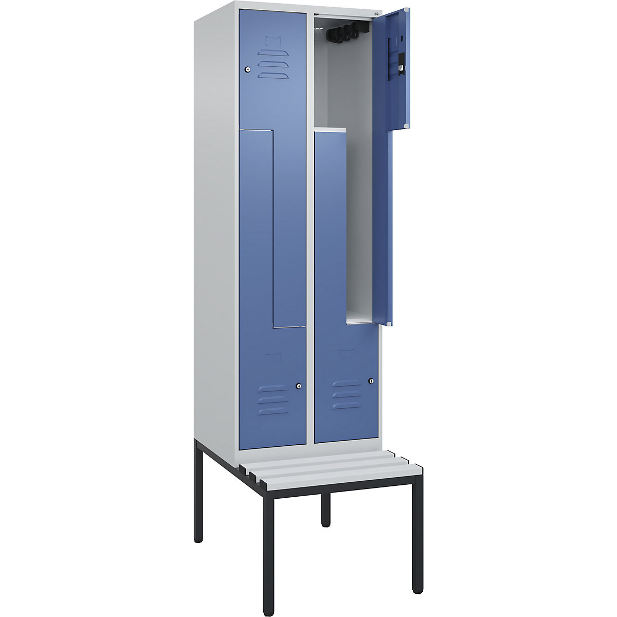 Vestiar Z Classic PLUS cu bancă – C+P, 2 module, gri deschis / albastru distant, lăț. 600 mm, încuietoare cilindrică, pe podea, plastic-0