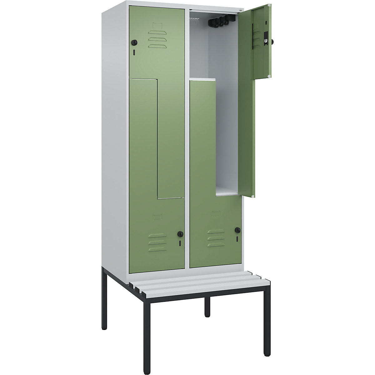 Vestiar Z Classic PLUS cu bancă – C+P, 2 module, gri deschis / verde reseda, lăț. 800 mm, zăvor rotativ de siguranță, pe podea, plastic-0