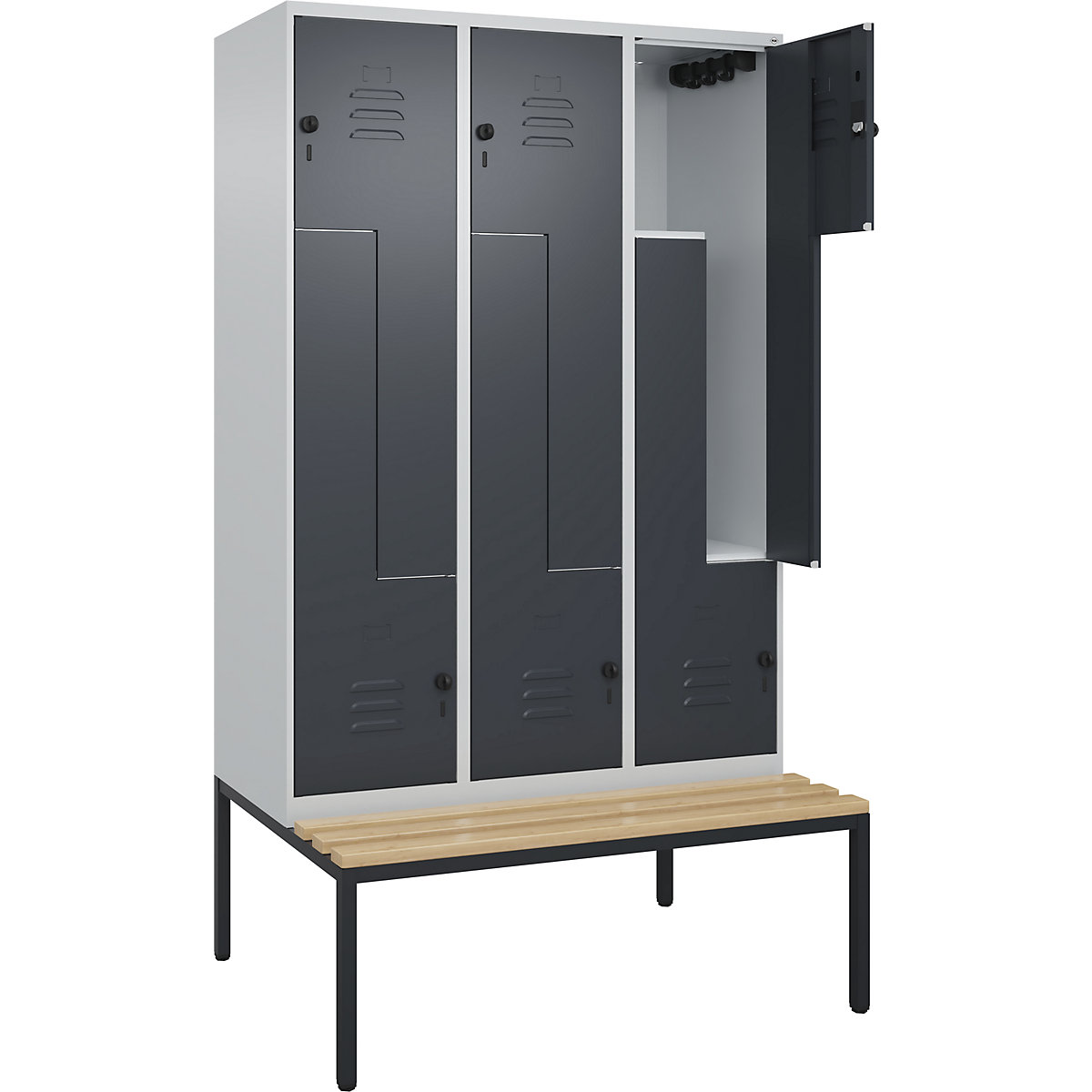 Vestiar Z Classic PLUS cu bancă – C+P, 3 module, gri deschis / gri, lăț. 1200 mm, zăvor rotativ de siguranță, pe podea, lemn dur de fag-0