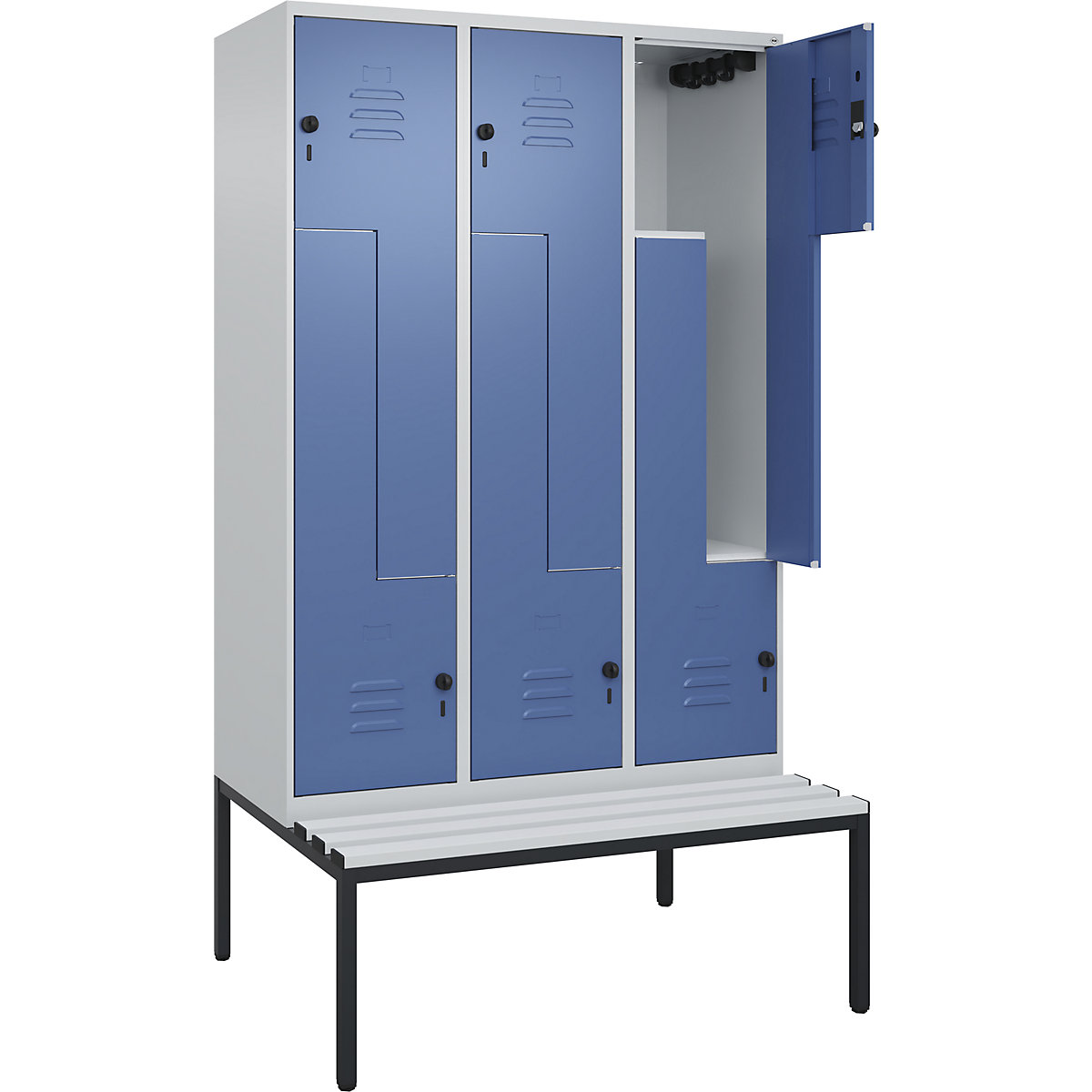 Vestiar Z Classic PLUS cu bancă – C+P, 3 module, gri deschis / albastru distant, lăț. 1200 mm, zăvor rotativ de siguranță, pe podea, plastic-0
