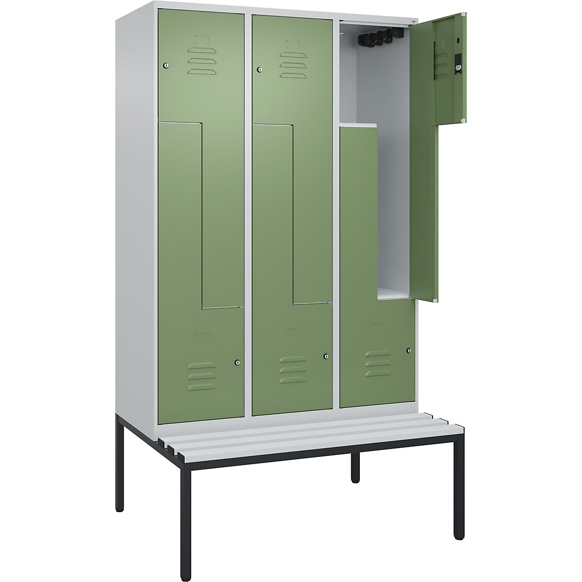 Vestiar Z Classic PLUS cu bancă – C+P, 3 module, gri deschis / verde reseda, lăț. 1200 mm, încuietoare cilindrică, pe podea, plastic-0