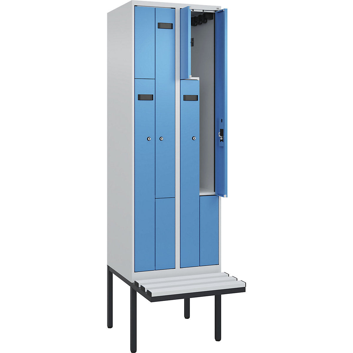 Vestiar Z Evolo PLUS cu bancă, 2 module, gri deschis / albastru deschis, lăț. 600 mm, încuietoare cilindrică, cu banchetă în consolă, plastic-0