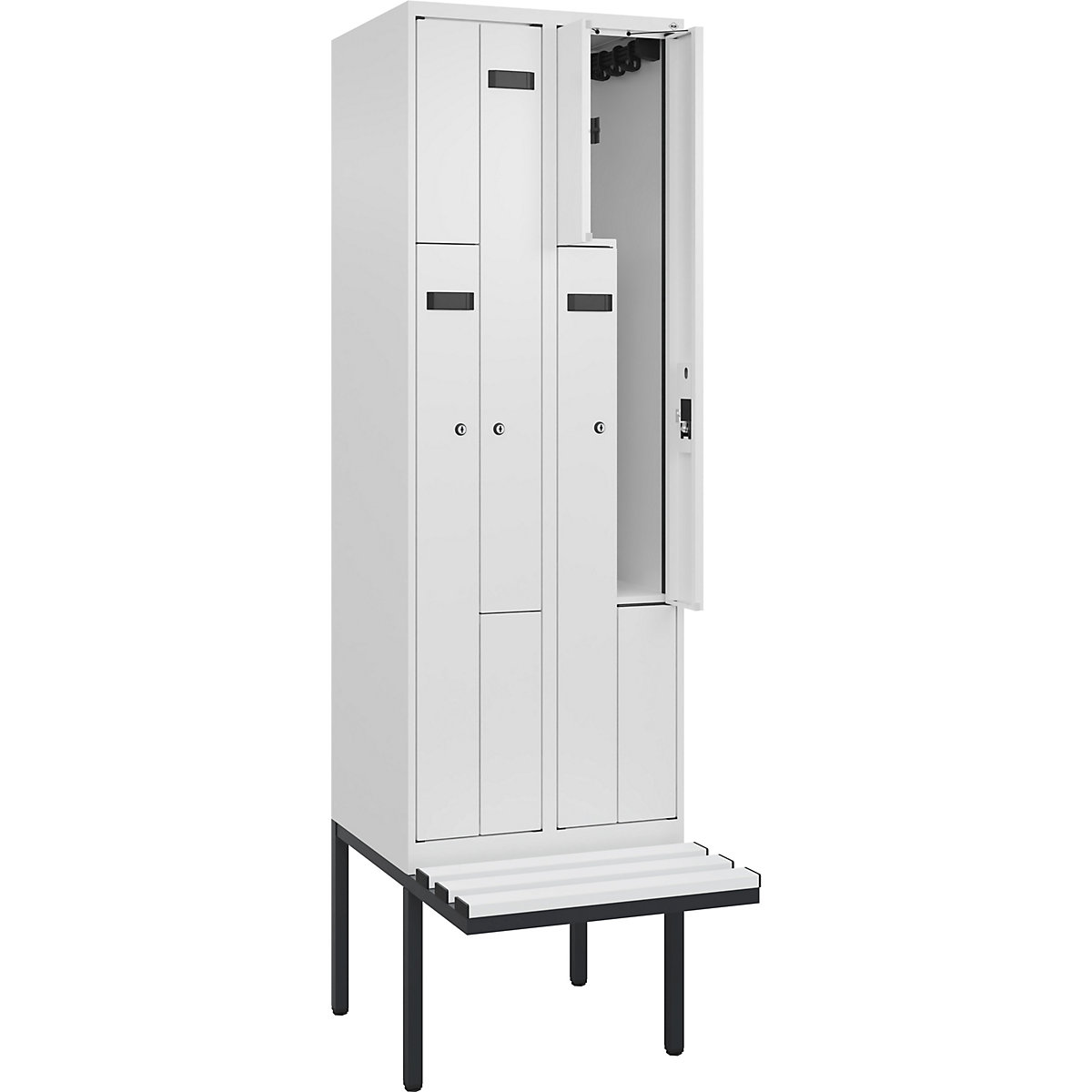 Vestiar Z Evolo PLUS cu bancă, 2 module, alb, lăț. 600 mm, încuietoare cilindrică, cu banchetă în consolă, plastic-0