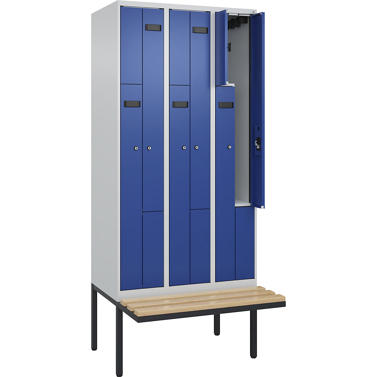 Vestiar Z Evolo PLUS cu bancă, 3 module, gri deschis / albastru gențiană, lăț. 900 mm, încuietoare cilindrică, cu banchetă în consolă, fag-0