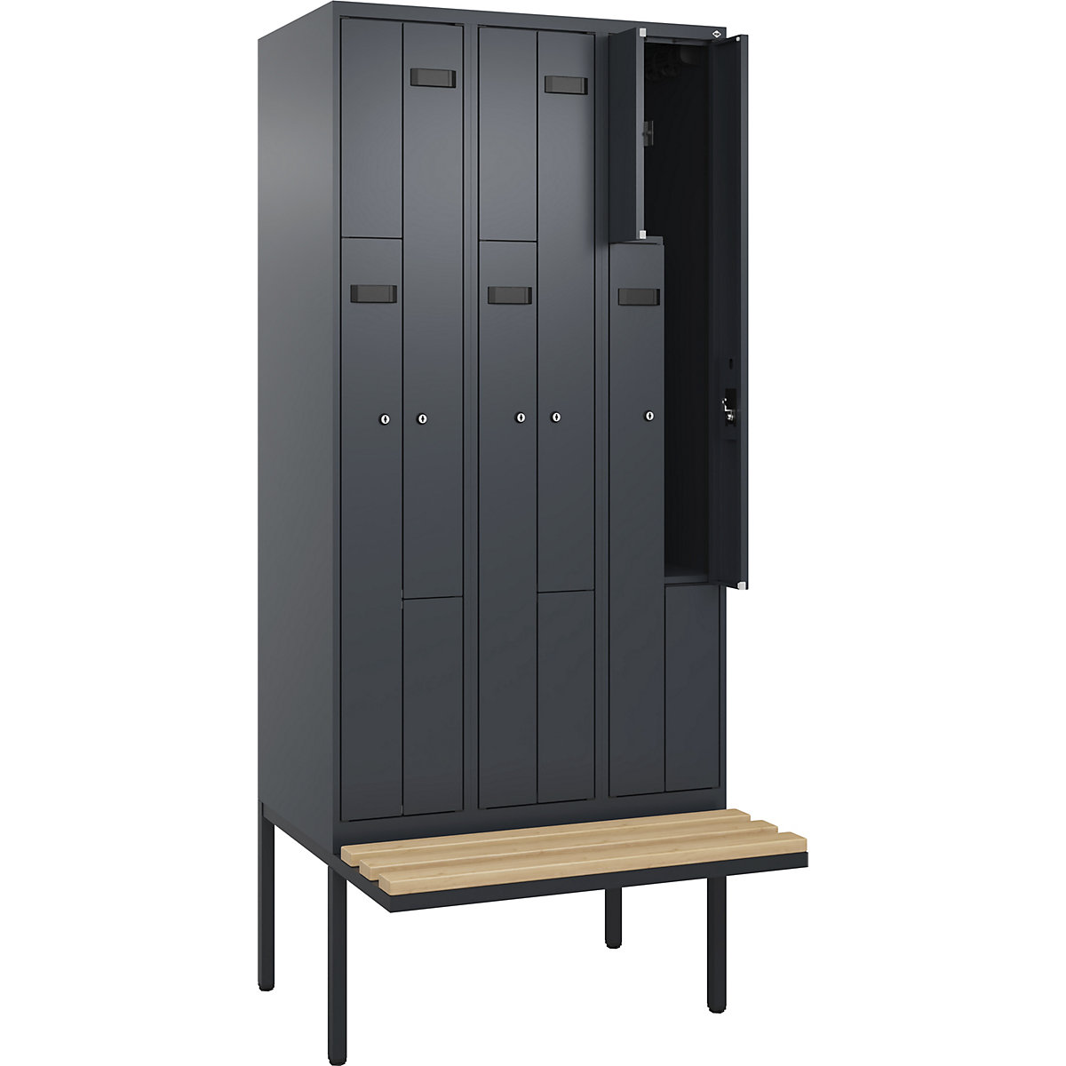 Vestiar Z Evolo PLUS cu bancă, 3 module, gri, lăț. 900 mm, încuietoare cilindrică, cu banchetă în consolă, fag-0