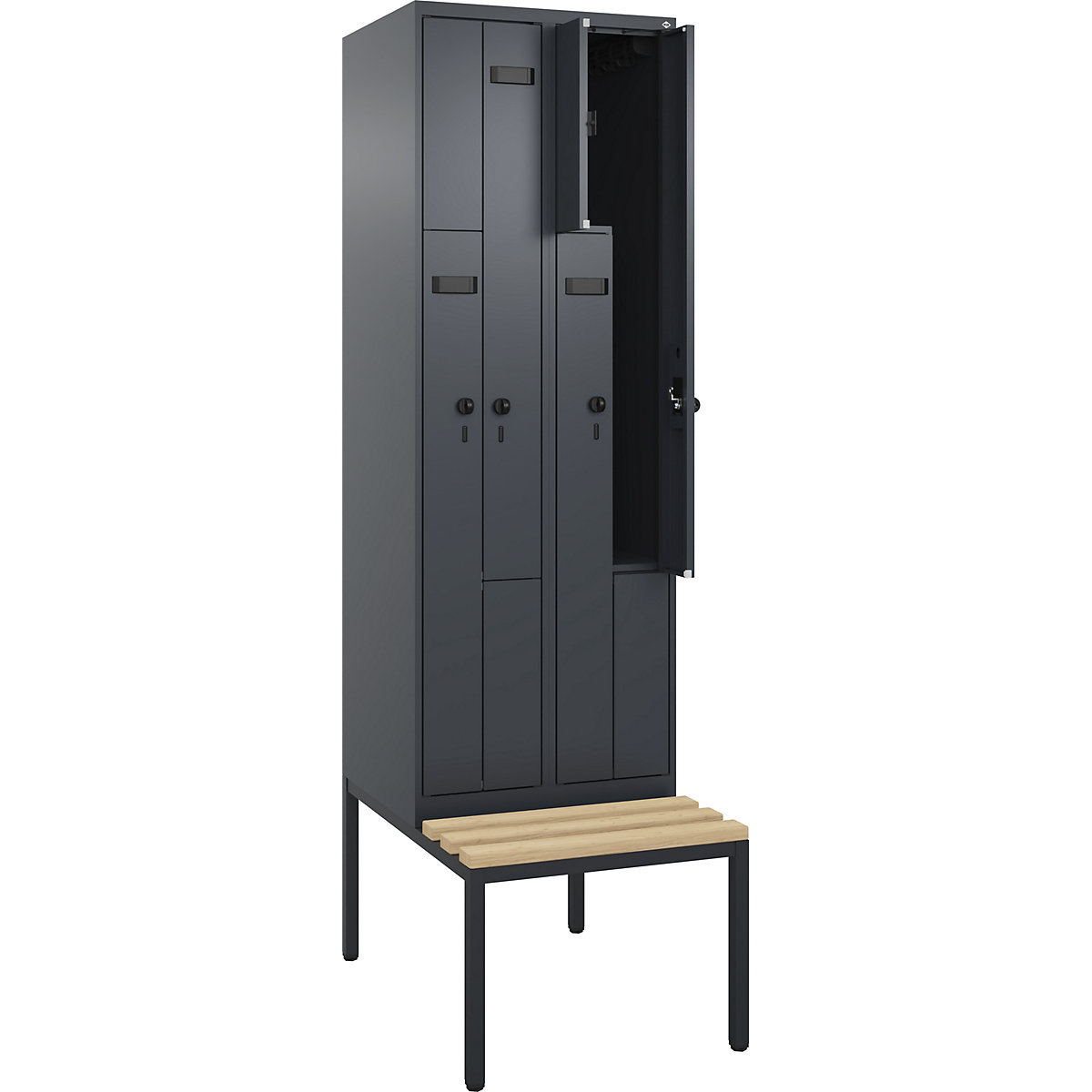 Vestiar Z Evolo PLUS cu bancă, 2 module, gri, lăț. 600 mm, zăvor rotativ de siguranță, cu banchetă amplasată pe podea, fag-0