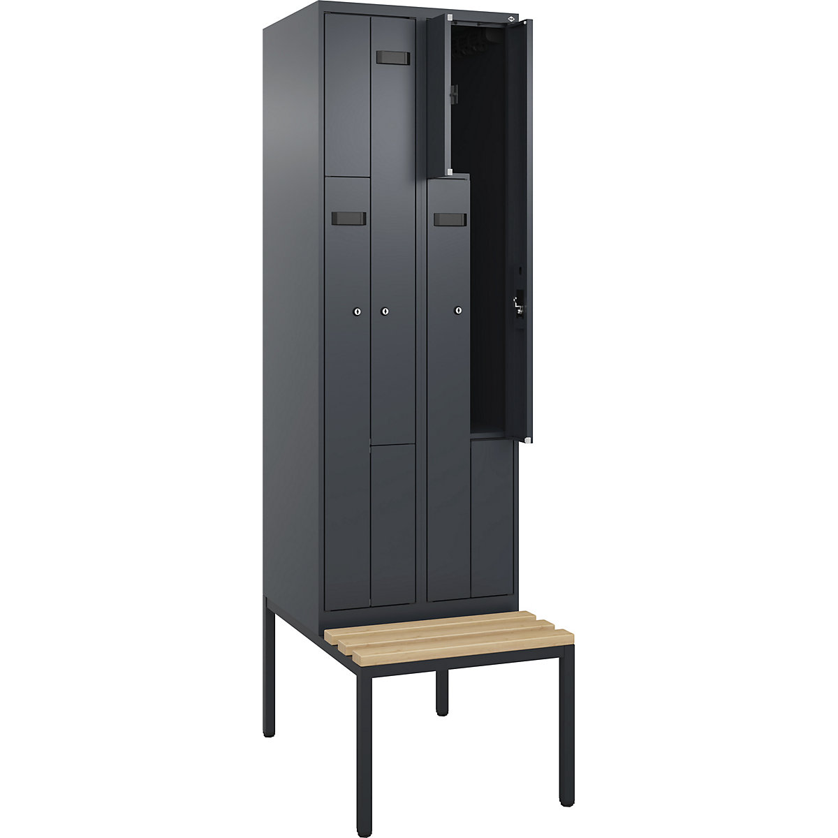 Vestiar Z Evolo PLUS cu bancă, 2 module, gri, lăț. 600 mm, încuietoare cilindrică, cu banchetă amplasată pe podea, fag-0