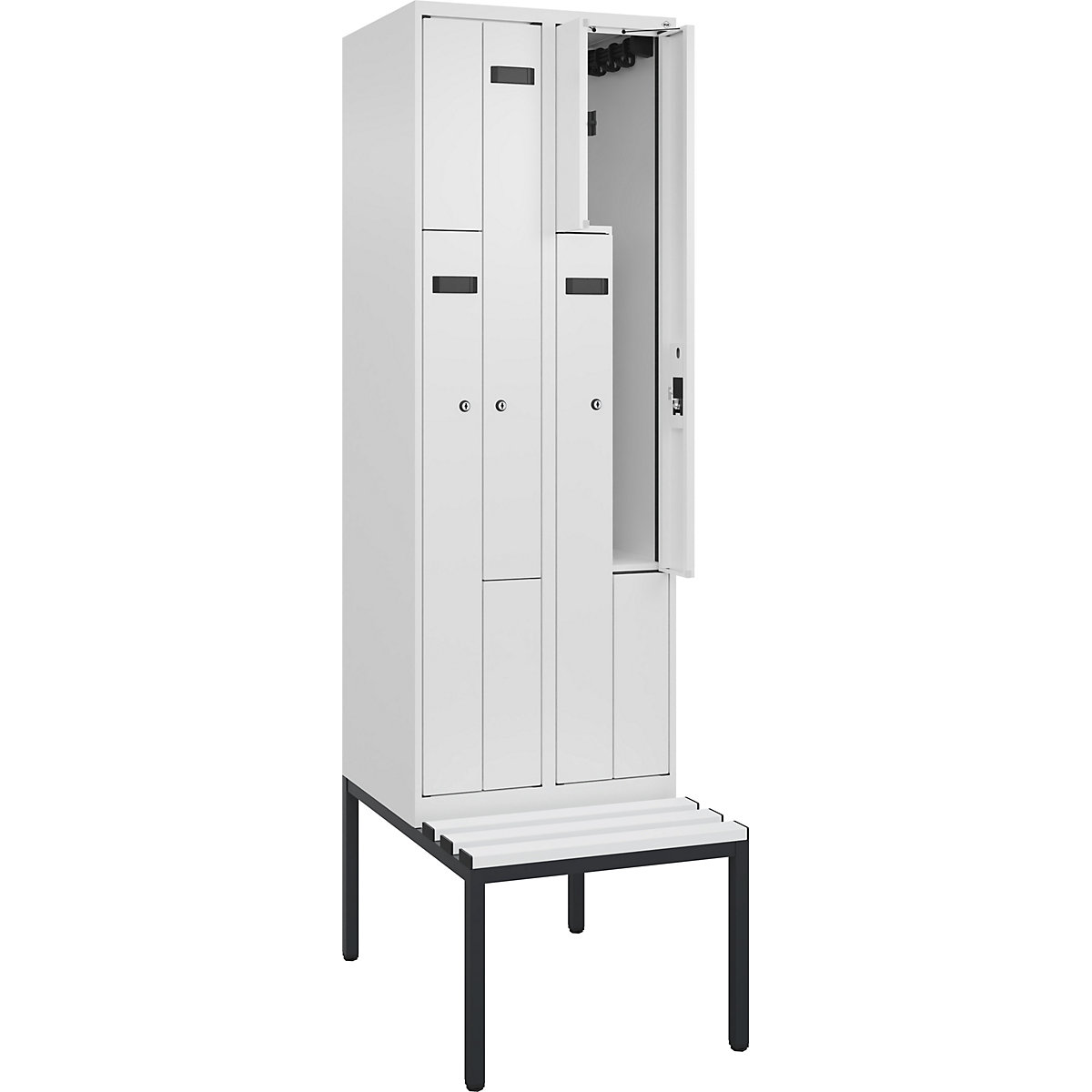 Vestiar Z Evolo PLUS cu bancă, 2 module, alb, lăț. 600 mm, încuietoare cilindrică, cu banchetă amplasată pe podea, plastic-0