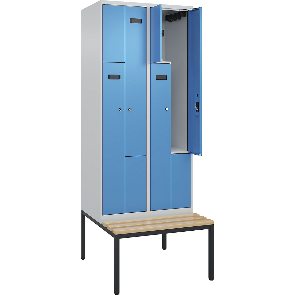Vestiar Z Evolo PLUS cu bancă, 2 module, gri deschis / albastru deschis, lăț. 800 mm, încuietoare cilindrică, cu banchetă amplasată pe podea, fag-0