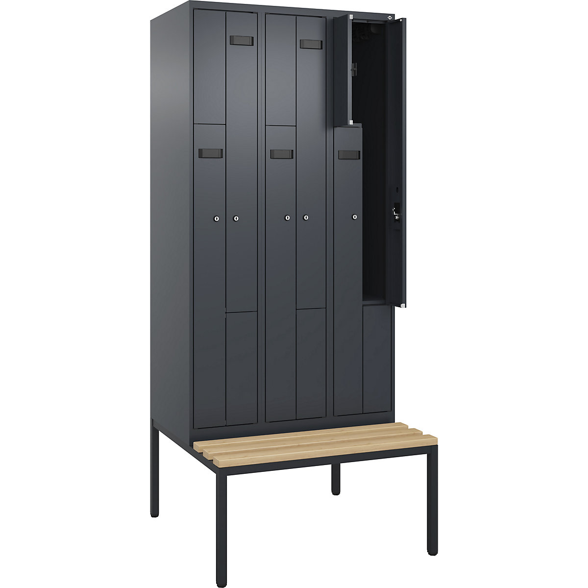 Vestiar Z Evolo PLUS cu bancă, 3 module, gri, lăț. 900 mm, încuietoare cilindrică, cu banchetă amplasată pe podea, fag-0