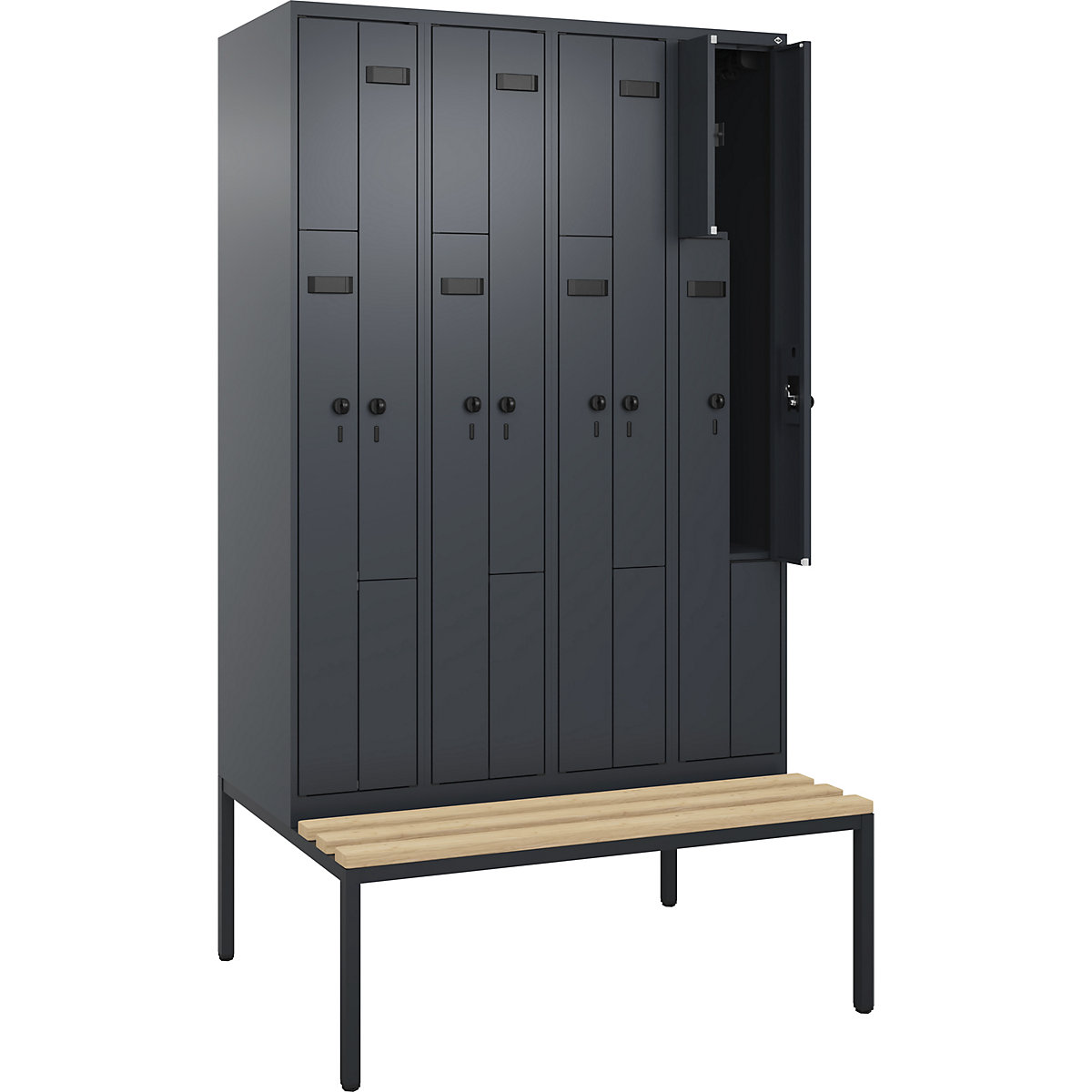 Vestiar Z Evolo PLUS cu bancă, 4 module, gri, lăț. 1200 mm, zăvor rotativ de siguranță, cu banchetă amplasată pe podea, fag-0