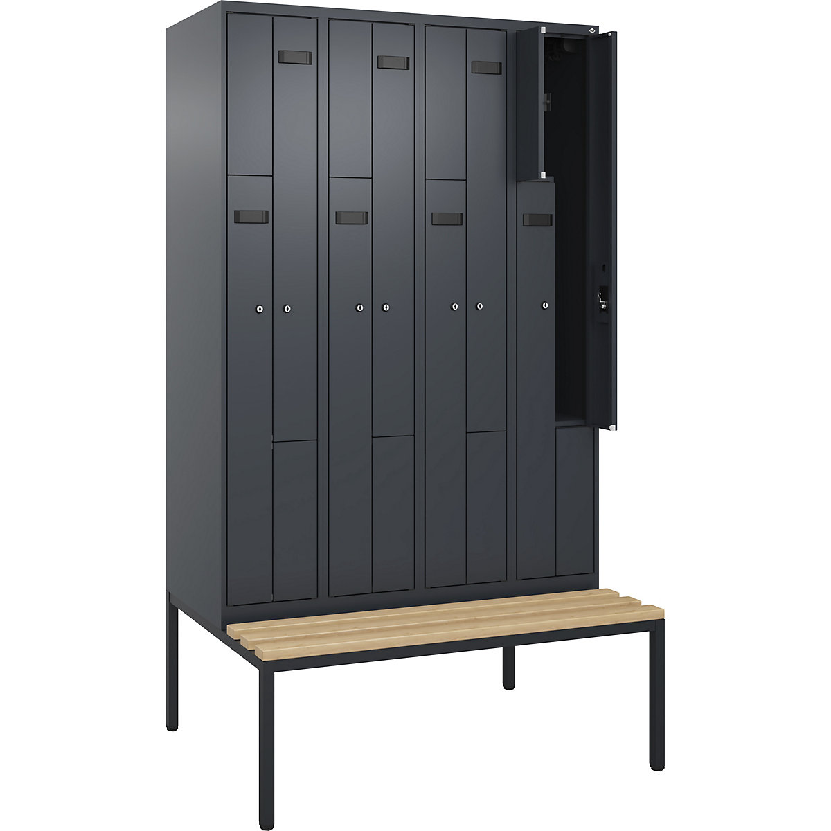 Vestiar Z Evolo PLUS cu bancă, 4 module, gri, lăț. 1200 mm, încuietoare cilindrică, cu banchetă amplasată pe podea, fag-0