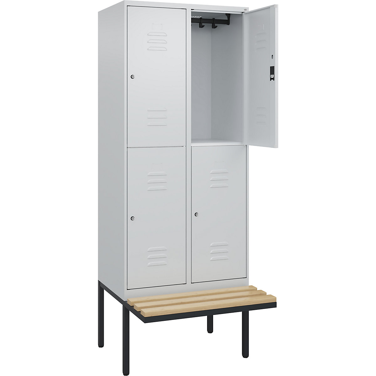 Vestiar cu două niveluri Classic PLUS cu bancă – C+P, 2 module, gri deschis, lăț. 800 mm, încuietoare cilindrică, în consolă, lemn dur de fag-0