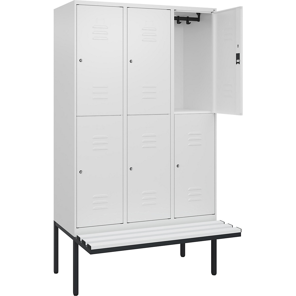 Vestiar cu două niveluri Classic PLUS cu bancă – C+P, 3 module, alb trafic, lăț. 1200 mm, încuietoare cilindrică, în consolă, plastic-0
