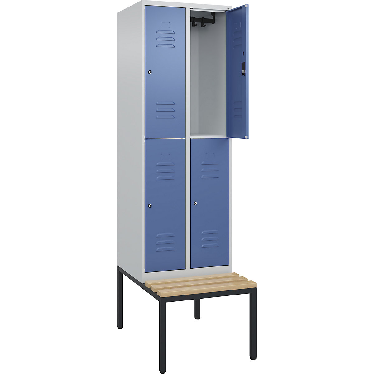 Vestiar cu două niveluri Classic PLUS cu bancă – C+P, 2 module, gri deschis / albastru distant, lăț. 600 mm, încuietoare cilindrică, pe podea, lemn dur de fag-0