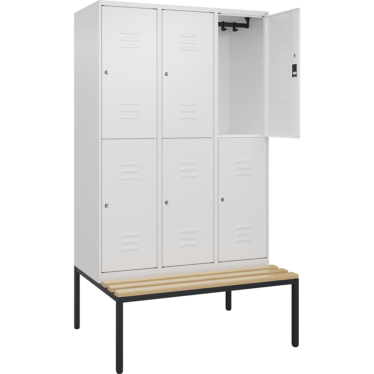 Vestiar cu două niveluri Classic PLUS cu bancă – C+P, 3 module, alb trafic, lăț. 1200 mm, încuietoare cilindrică, pe podea, lemn dur de fag-0